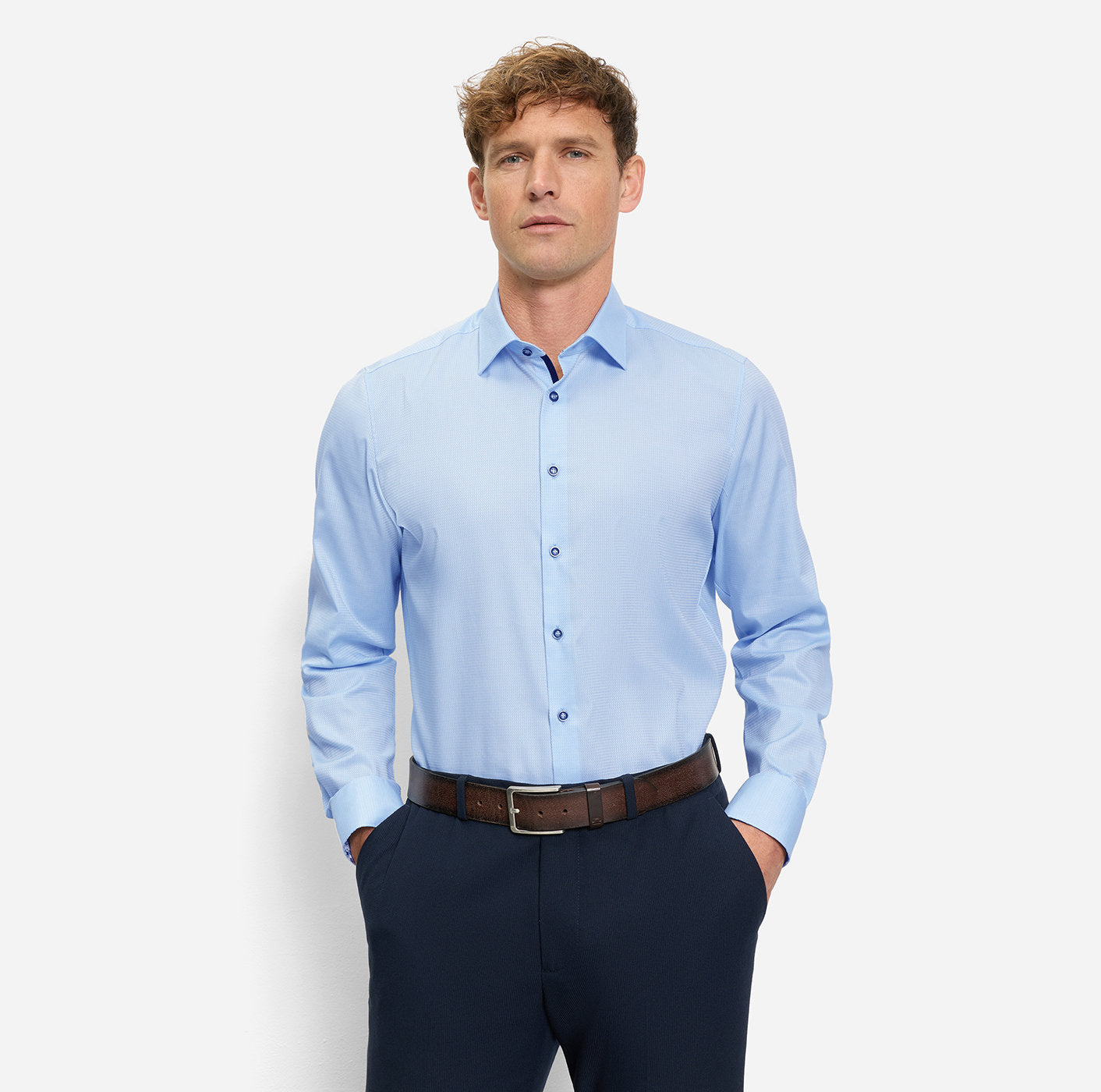 Olymp Level 5 Body Fit Contrast Trim Floral, vaaleansininen