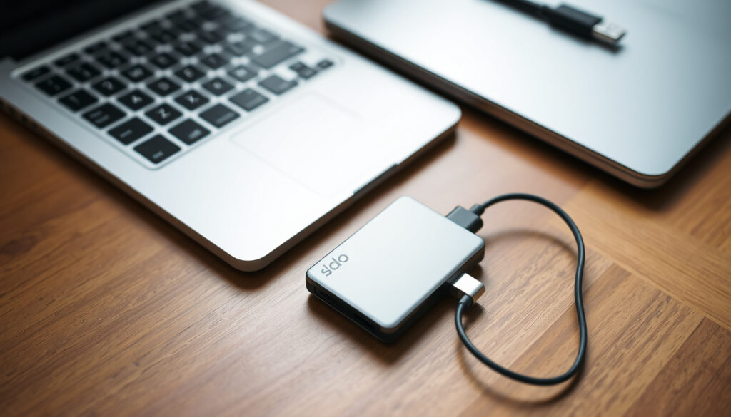 Pieni kannettava ulkoinen SSD-levy USB-C-kaapelineen kannettavan tietokoneen vieressä pöydällä