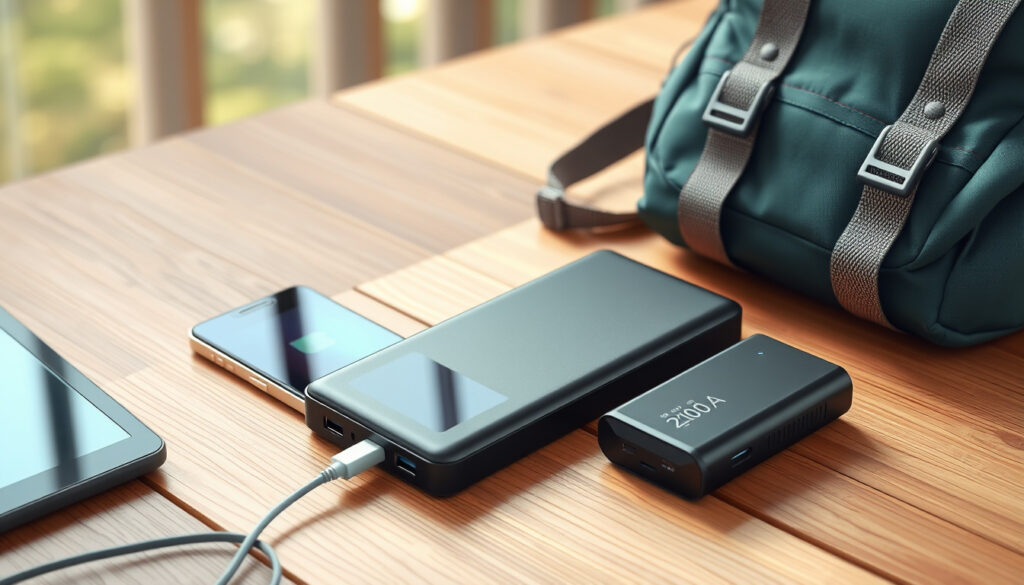 Reppuun pakattu matkapuhelin latautuu suurella kannettavalla varavirtalähteellä USB-C-kaapelilla pöydällä.