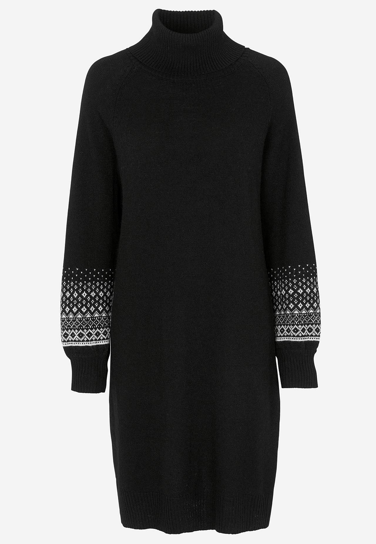 Neulottu mekko jacquard-kuvioisilla hihoilla